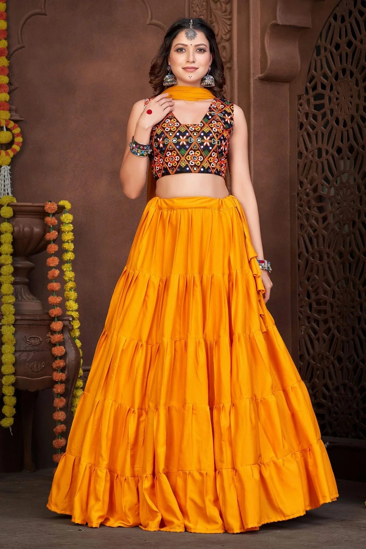 Mustard Embroidery French Crepe Navratri Lehenga NCLD11710196