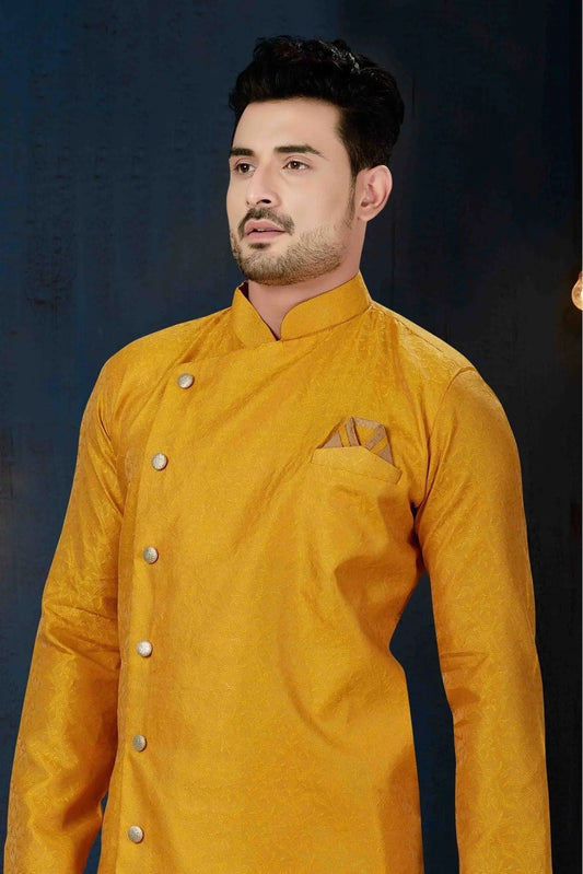 Mustard Jacquard Party Wear Indo Western Sherwani NCSH10410334