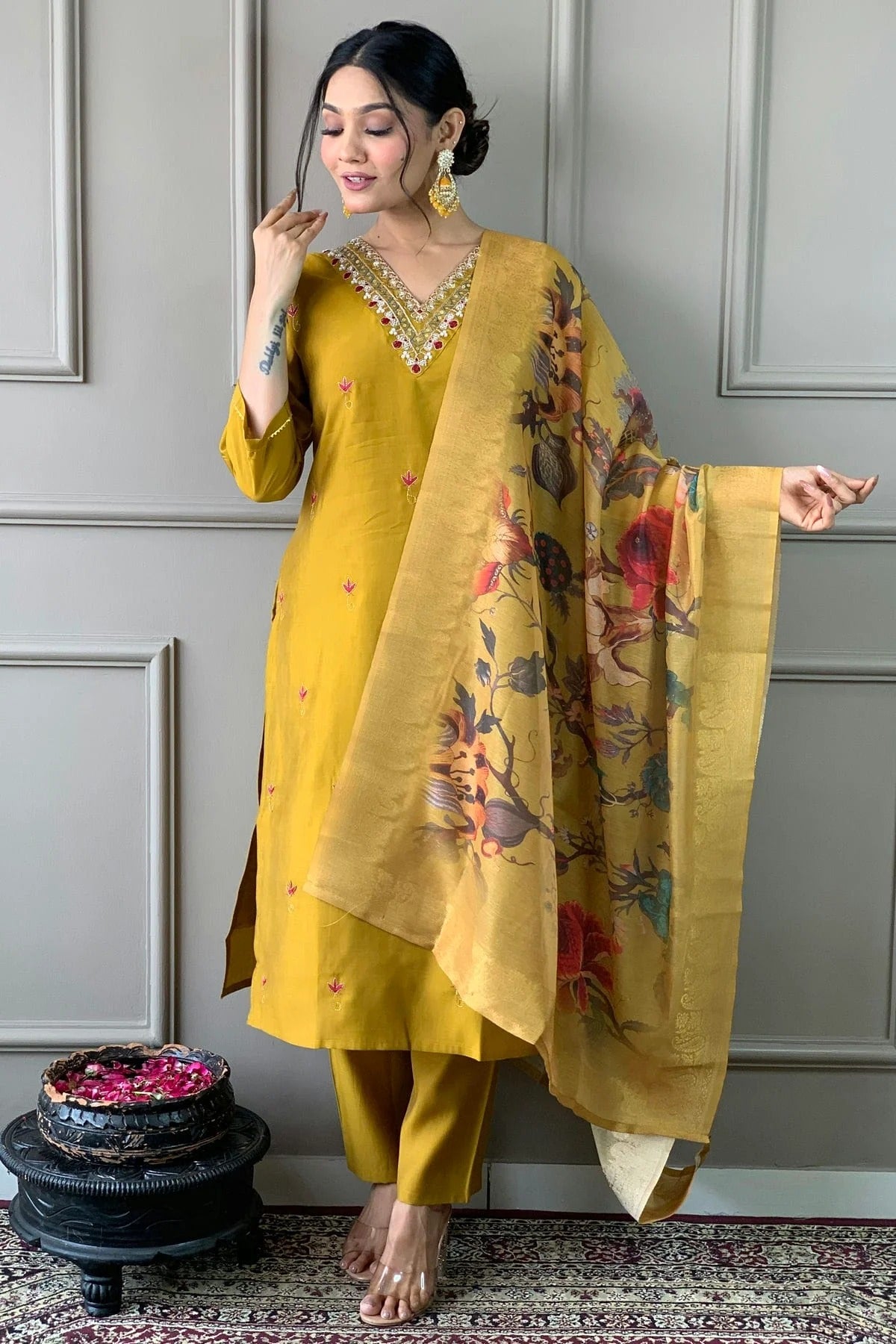 Mustard PV Chanderi Stitched Salwar Suit NCSS11111899