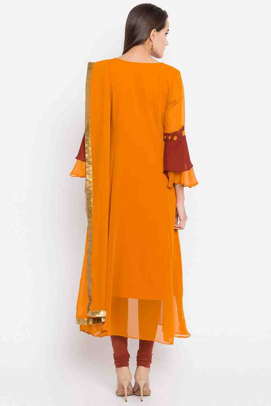 Mustard Plus Size Stitched Faux Georgette Embroidery Churidar Suit NCSS10710505