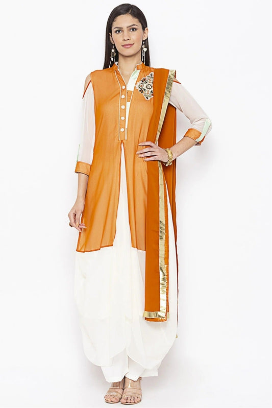 Mustard and Cream Plus Size Georgette Embroidery Palazzo Pant Suit NCSS10710641