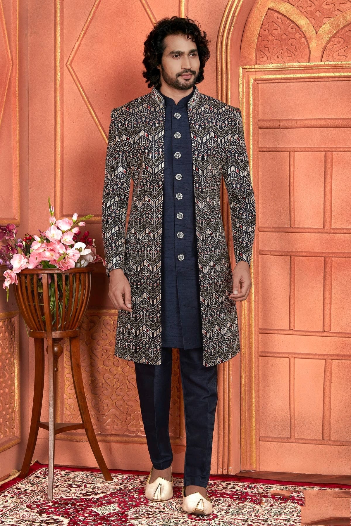 Navy Blue Art Silk Indowestern Sherwan With Aligadhi Pant NCSH12310362