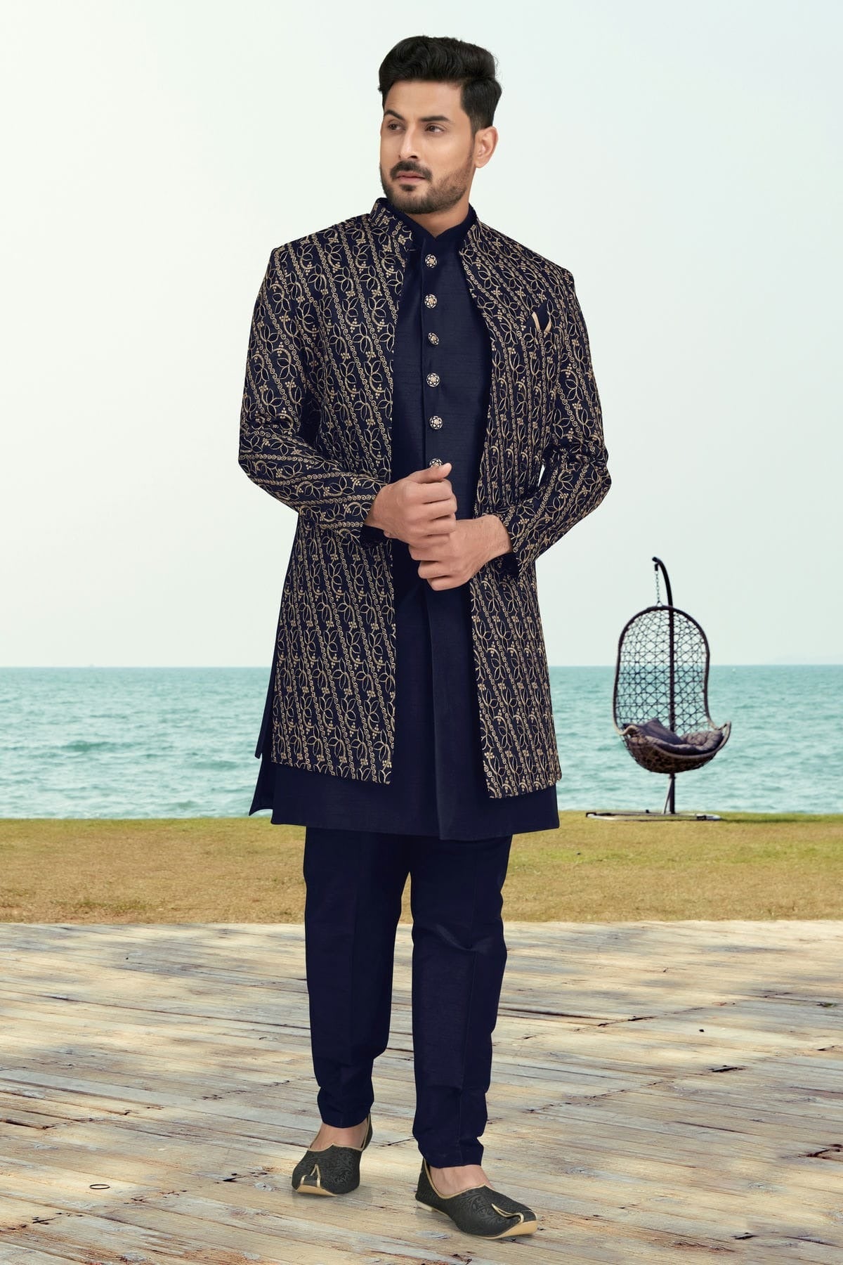 Navy Blue Banarasi Silk Sherwani NCSH10410259