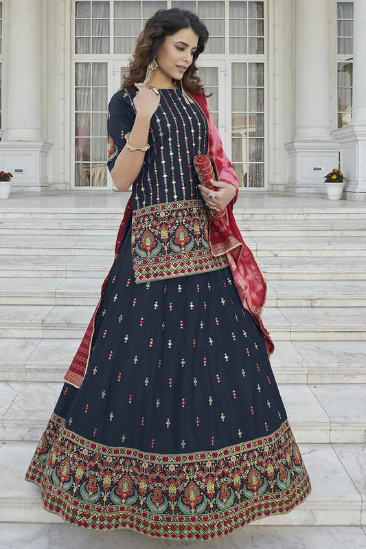 Navy Blue Chinon Chiffon Embroidery Lehenga Suit NCSM11510123