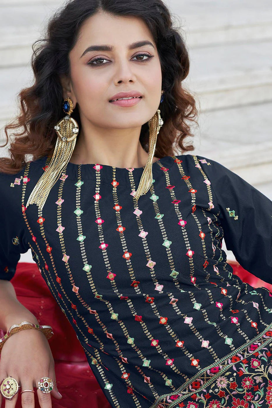 Navy Blue Chinon Chiffon Embroidery Lehenga Suit NCSM11510123