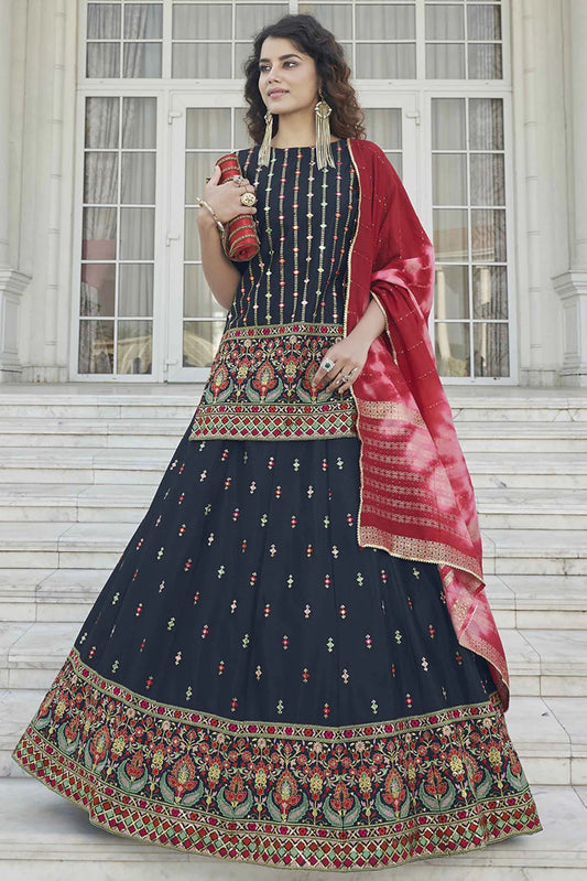Navy Blue Chinon Chiffon Embroidery Lehenga Suit NCSM11510123