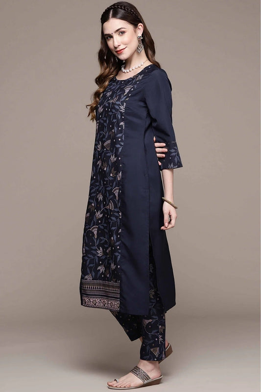 Navy Blue Crepe Foil Print Kurta With Pant  NCKR10610151