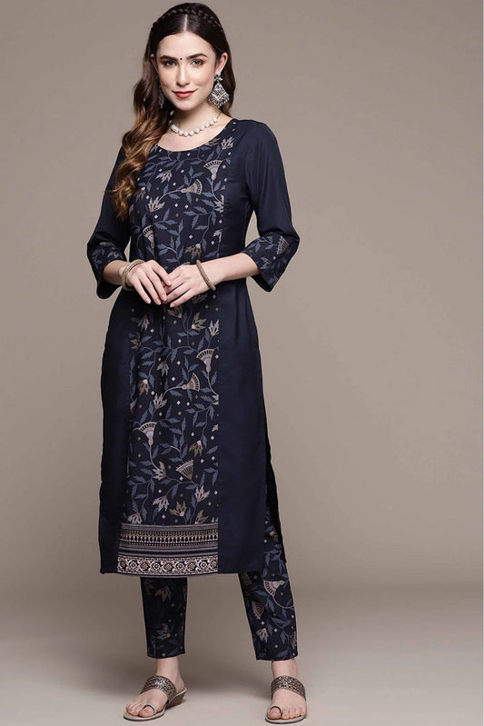 Navy Blue Crepe Foil Print Kurta With Pant NCKR10610151