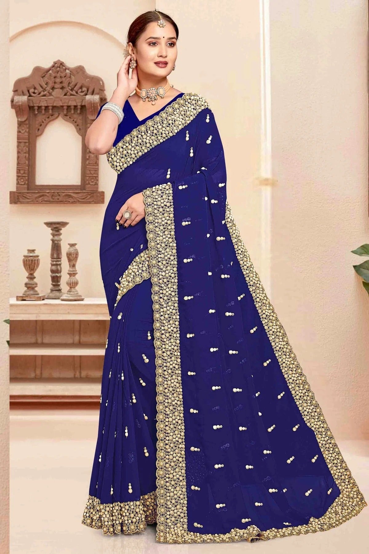 Navy Blue Georgette Embroidery Designer Saree NCSD10910108