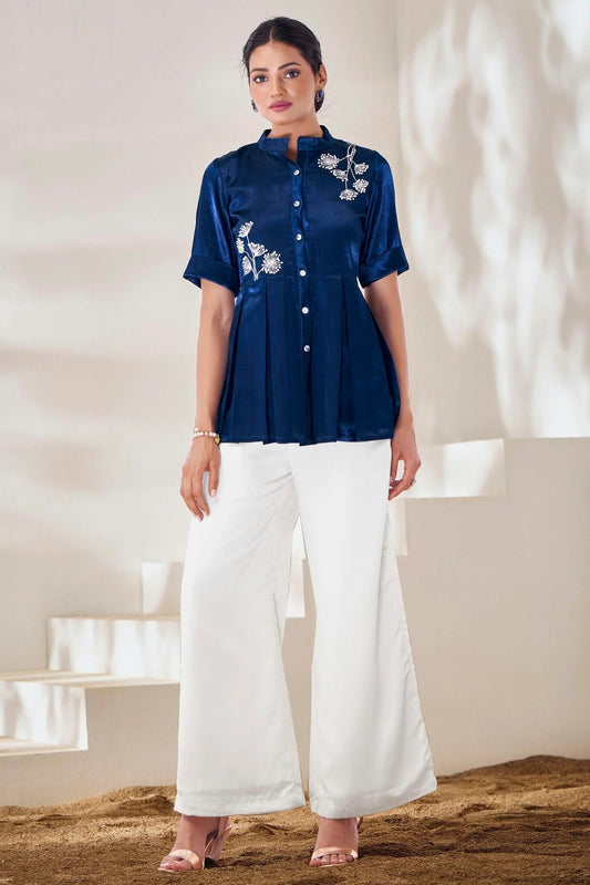 Navy Blue Hand Pure Gaji Silk Top  NCTP10810170
