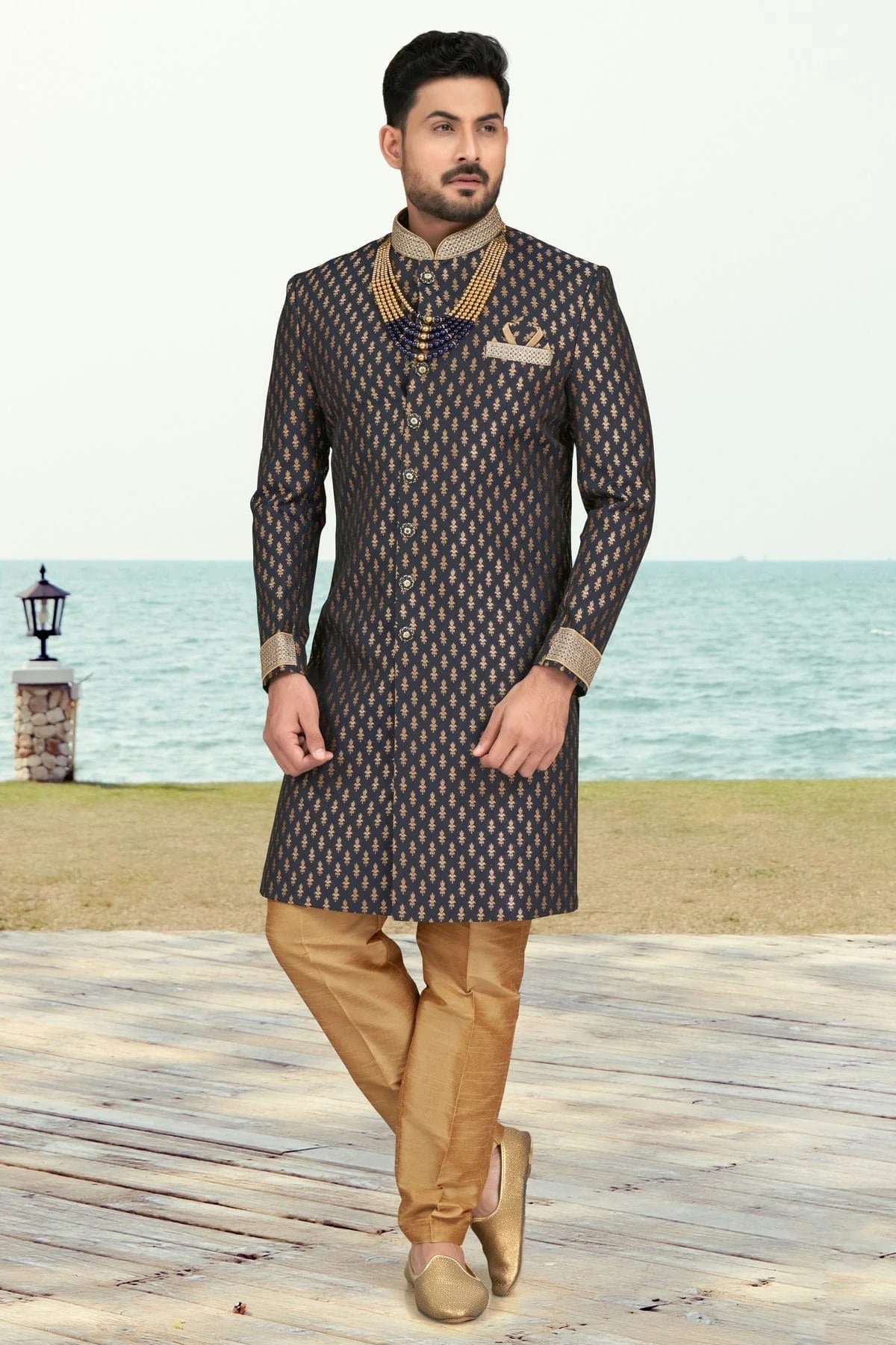 Navy Blue Jacquard Indo Western Sherwani NCSH10410296