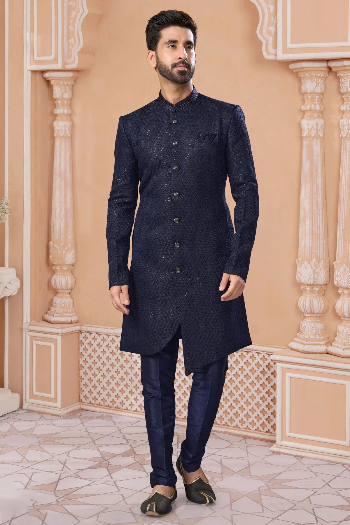 Navy Blue Jacquard Sherwani NCSH10410250