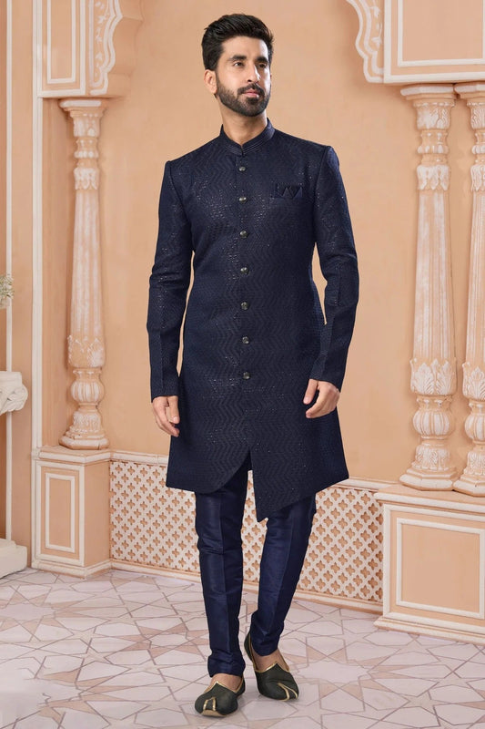 Navy Blue Jacquard Sherwani NCSH10410250