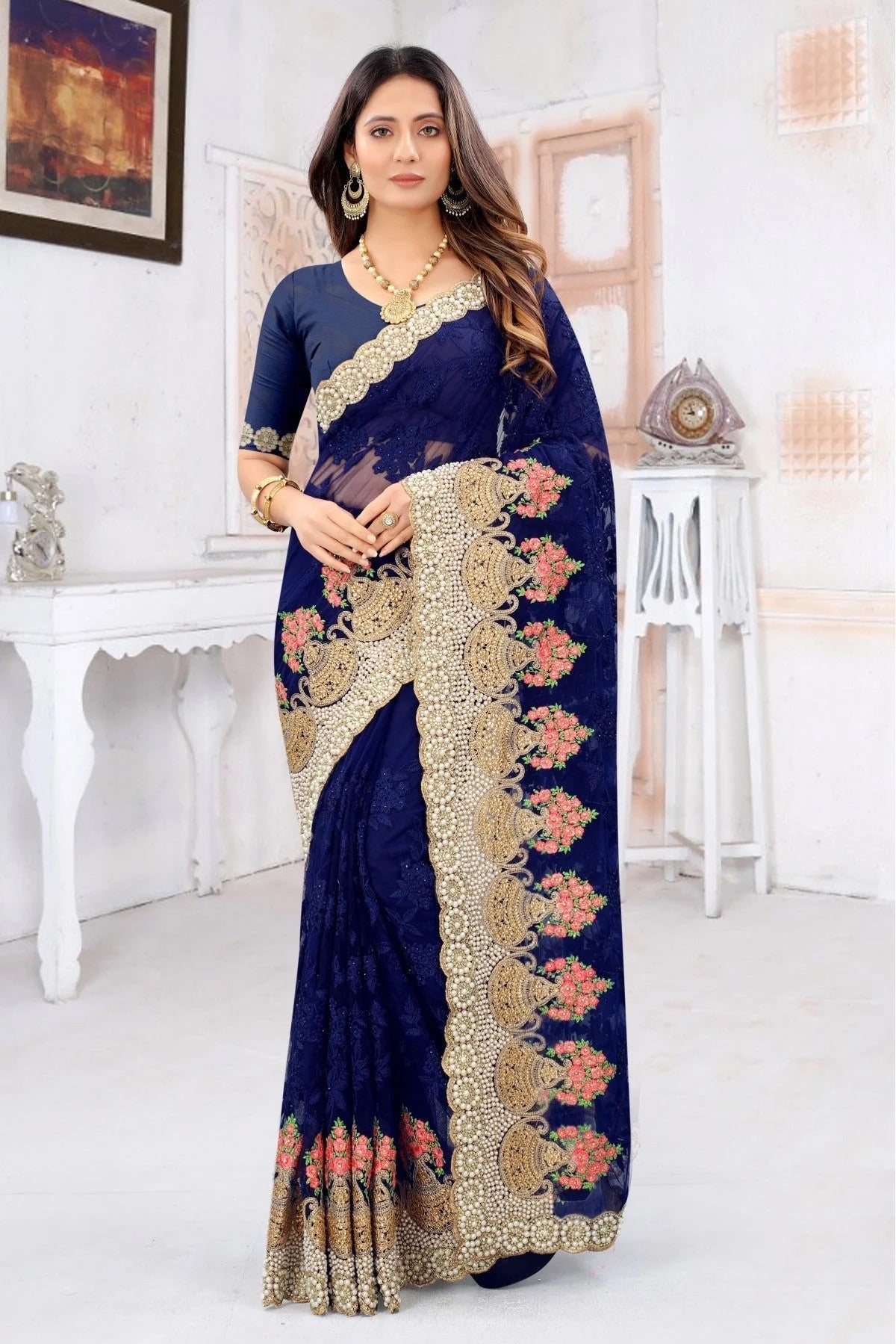 Navy Blue Net Embroidery Saree NCSD10910587