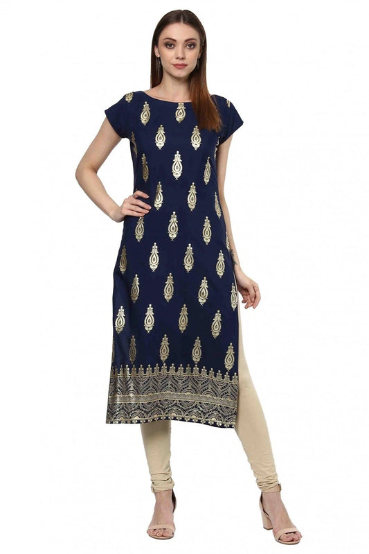 Navy Blue Plus Size Crepe Straight Kurti NCKR10610174