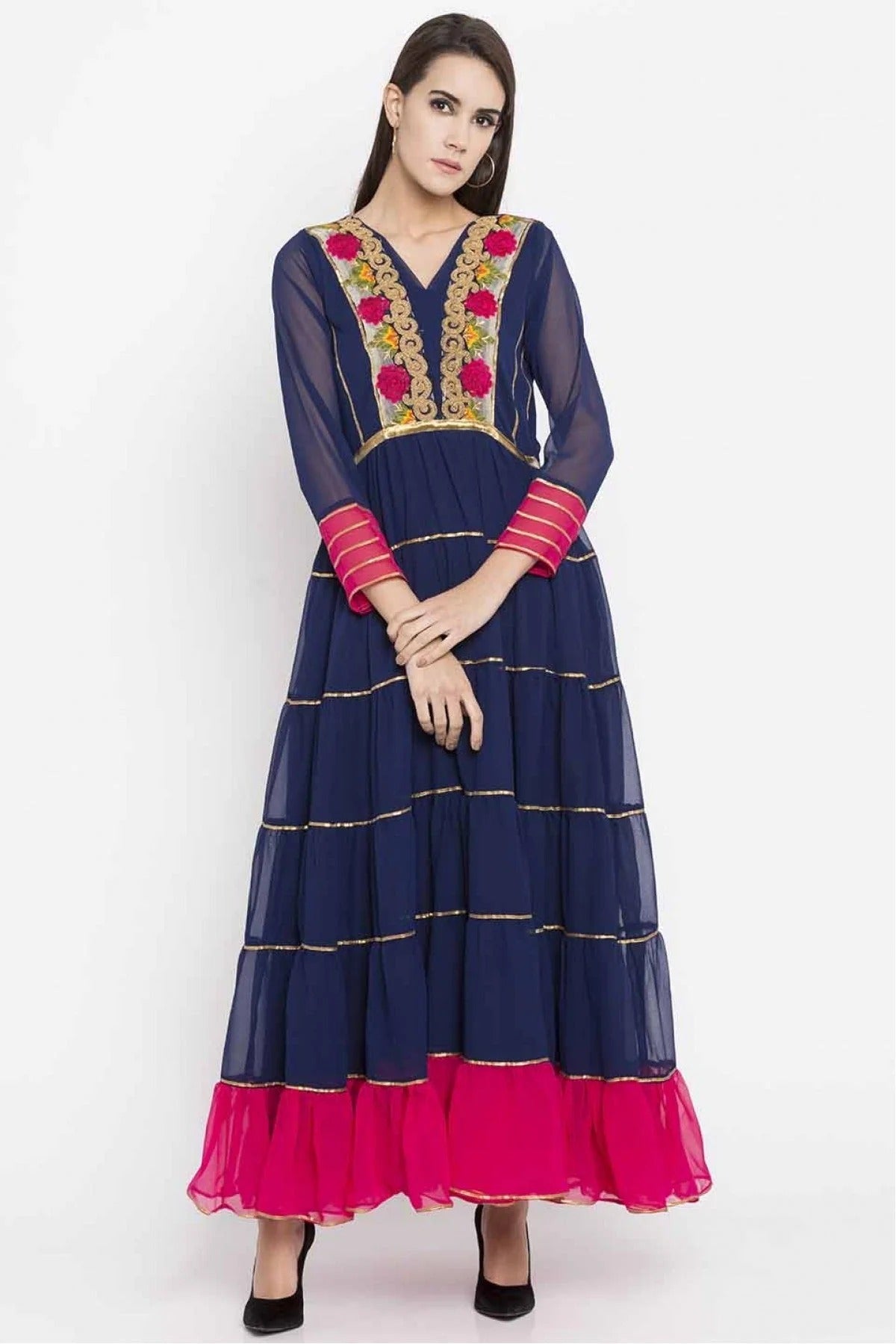 Navy Blue Plus Size Faux Georgette Kurti NCKR10710186