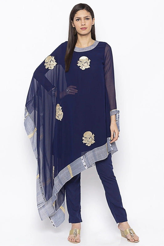 Navy Blue Plus Size Georgette Embroidery Kurta Set NCKR10710406