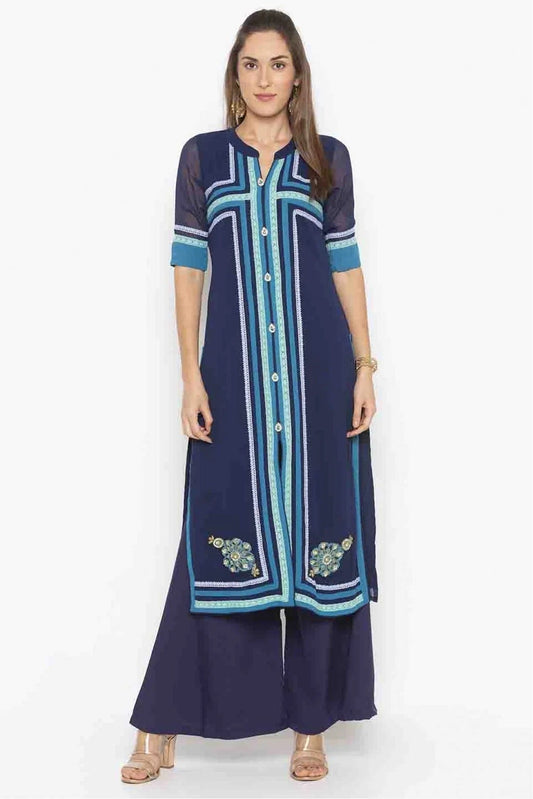 Navy Blue Plus Size Georgette Embroidery Kurti NCKR10710129