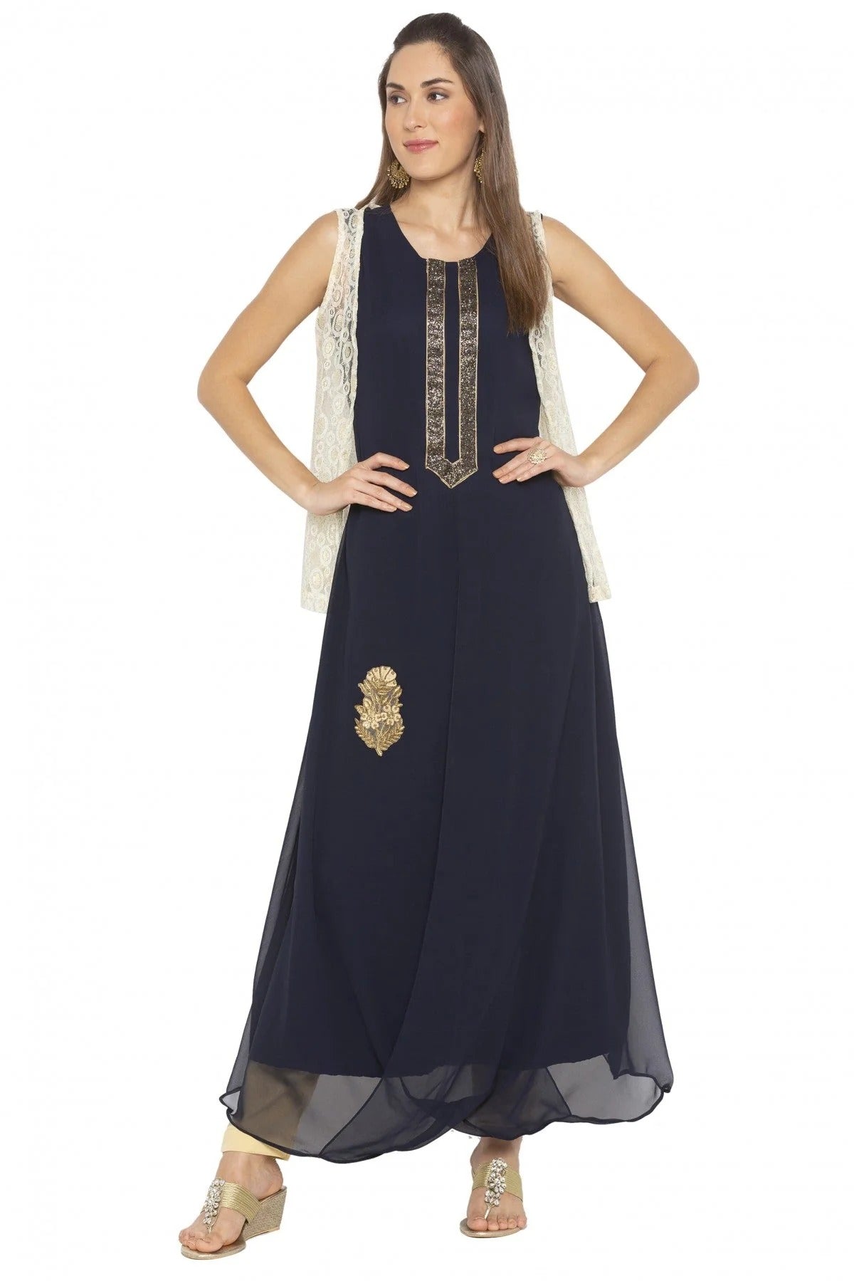 Navy Blue Plus Size Georgette Embroidery Kurti NCKR10710135