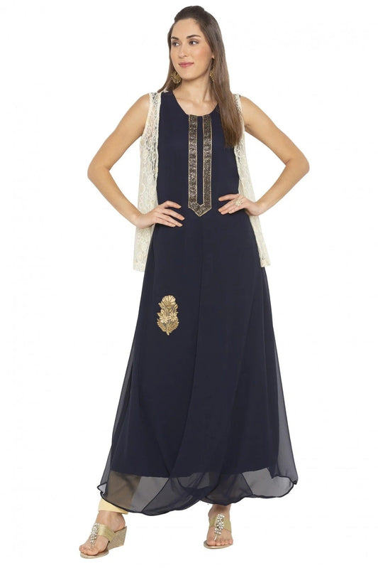 Navy Blue Plus Size Georgette Embroidery Kurti NCKR10710135
