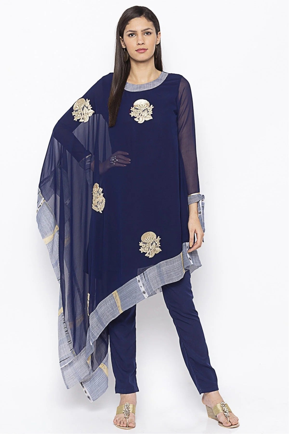 Navy Blue Plus Size Georgette Embroidery Kurti NCKR10710378
