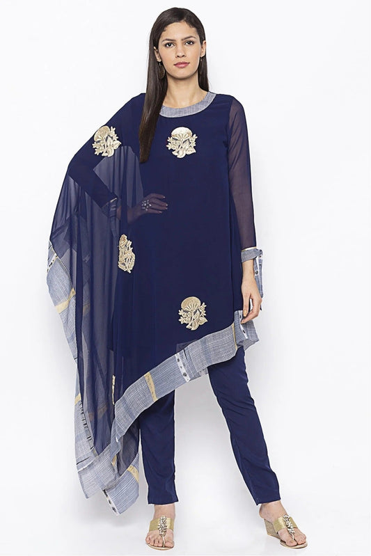 Navy Blue Plus Size Georgette Embroidery Kurti NCKR10710378
