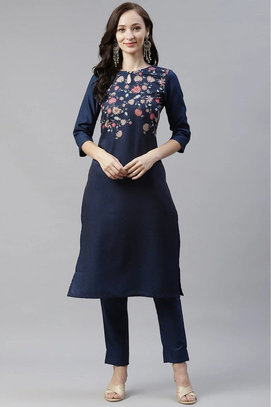 Navy Blue Plus Size Poly Rayon Digital Print KurtiWith Pant Set NCKR10610139