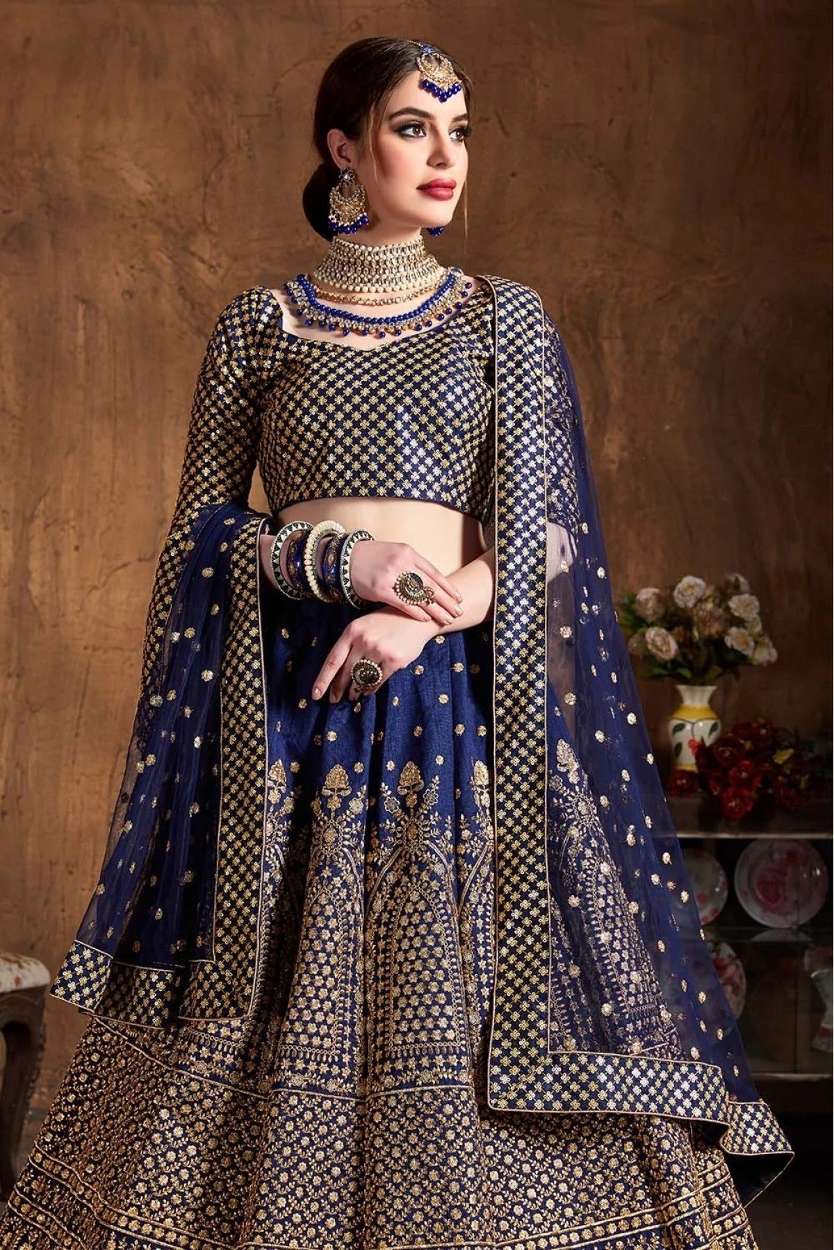 Navy Blue Raw Silk Lehenga Choli NCLC10110303