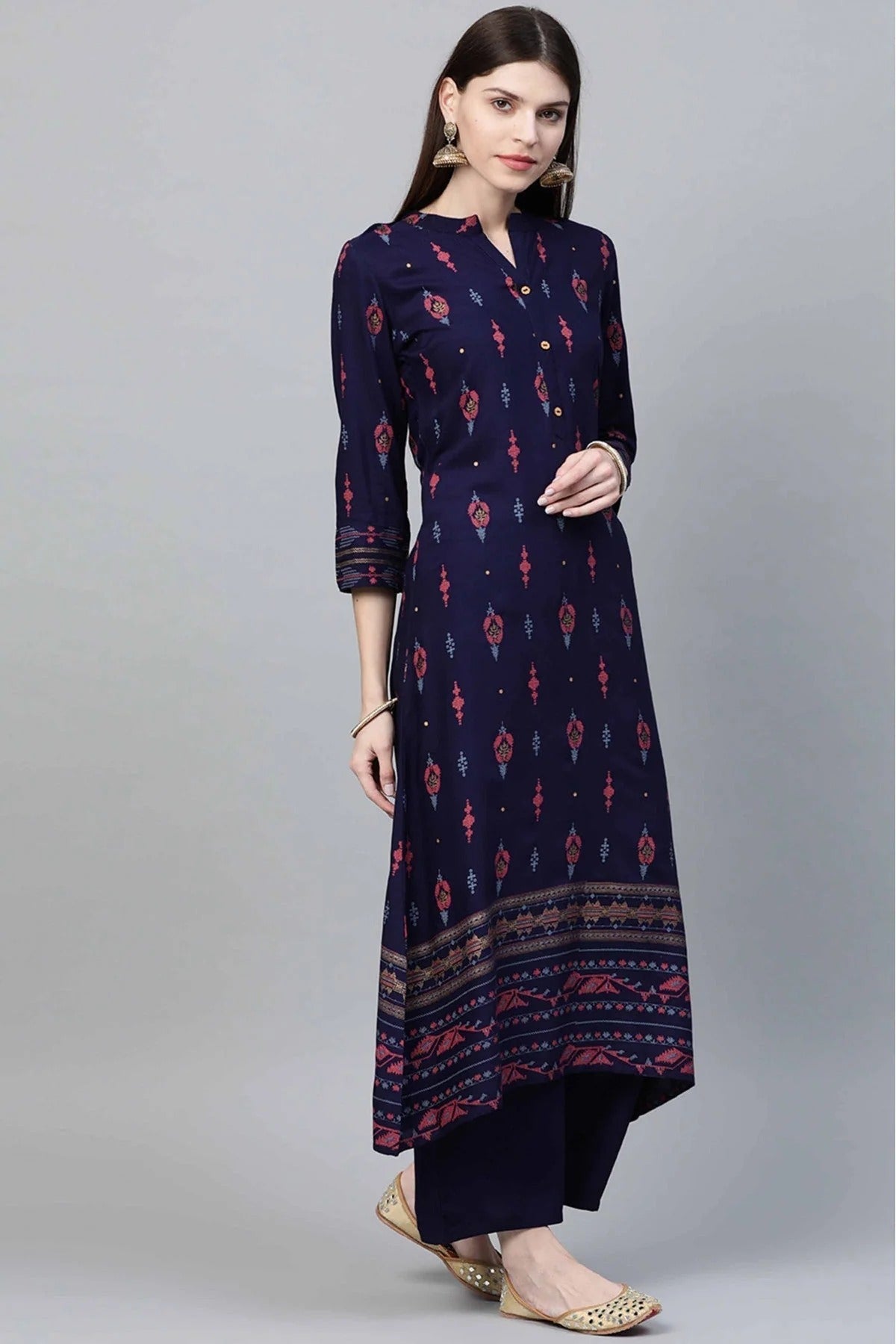 Navy Blue Rayon Foil Print Kurta With Palazzo  NCKR10610118