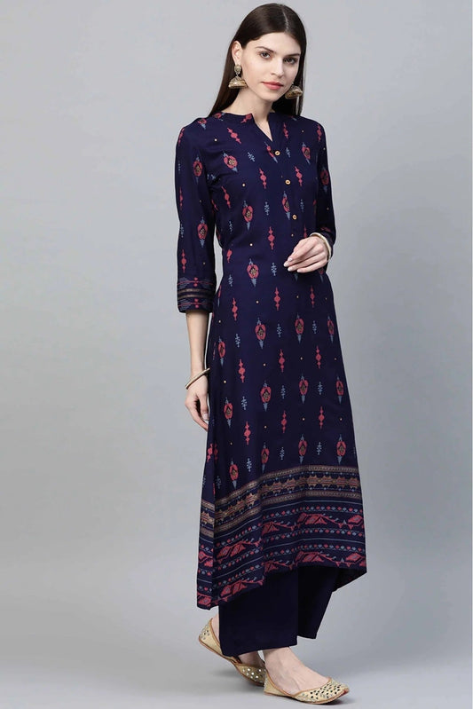 Navy Blue Rayon Foil Print Kurta With Palazzo  NCKR10610118