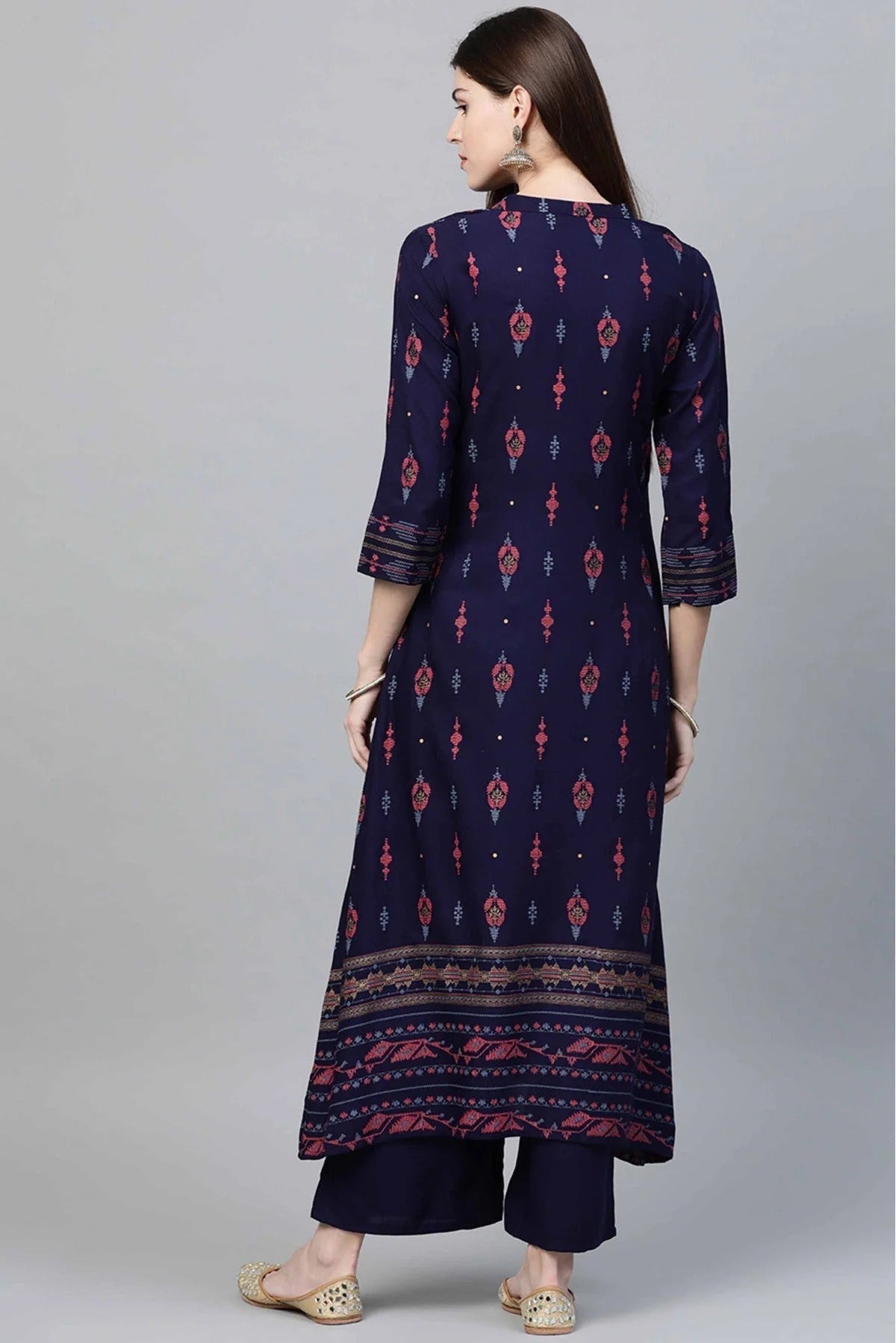Navy Blue Rayon Foil Print Kurta With Palazzo  NCKR10610118