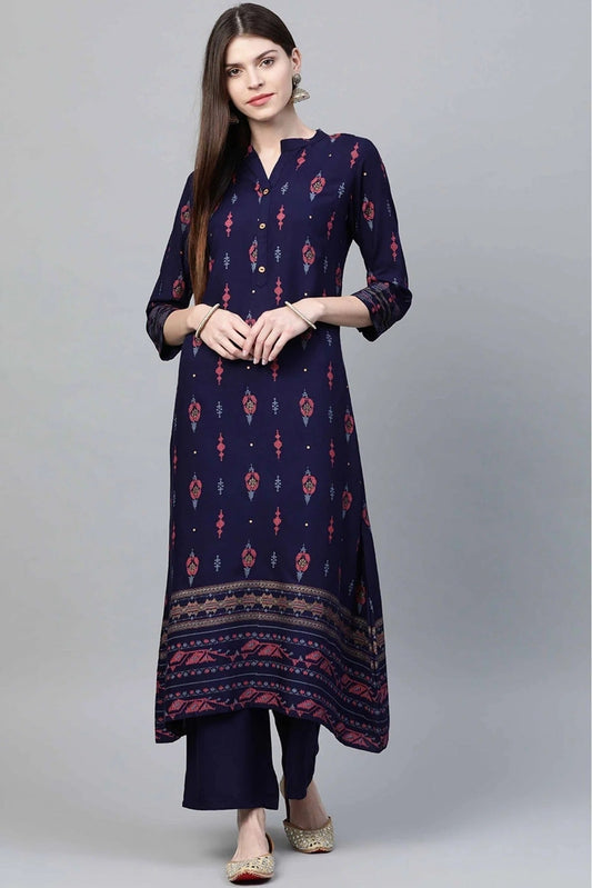 Navy Blue Rayon Foil Print Kurta With Palazzo NCKR10610118