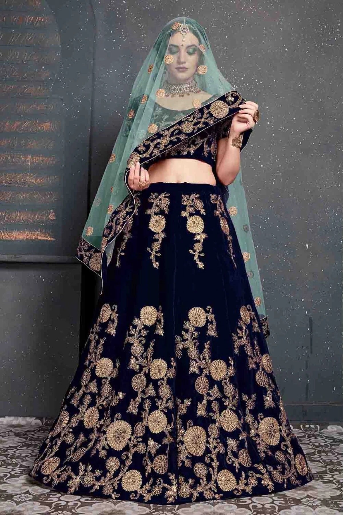 Navy Blue Velvet Lehenga Choli NCLC10110268