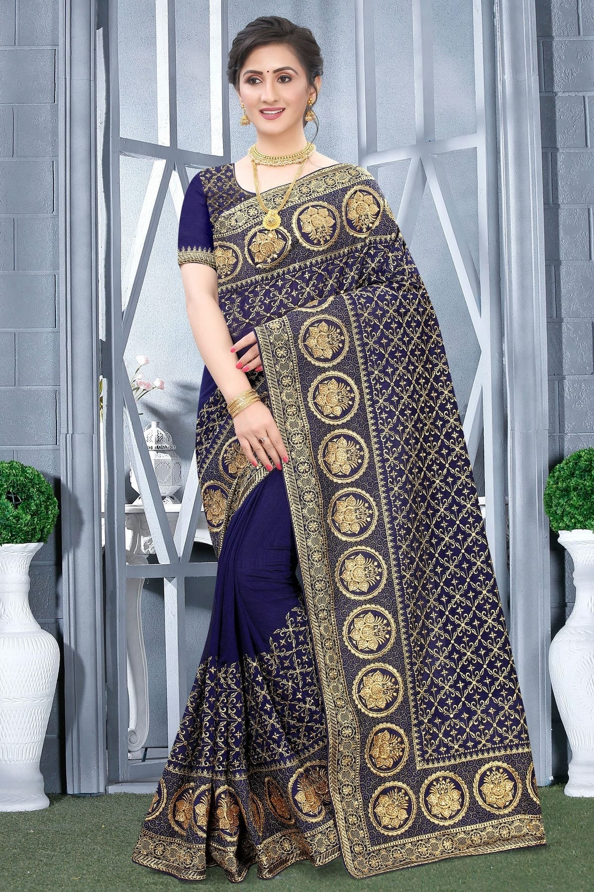 Navy Blue Vichitra Bloming Silk Designer Saree NCSD10910218