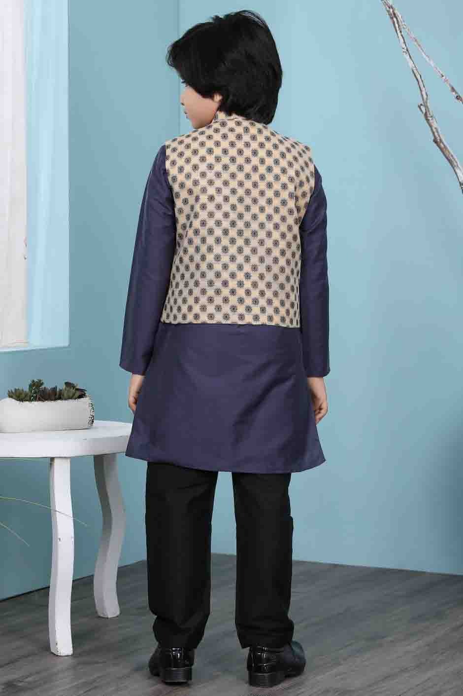 Navy Blue and Beige Cotton Silk Kurta PajamaWith Jacket NCBW10710718
