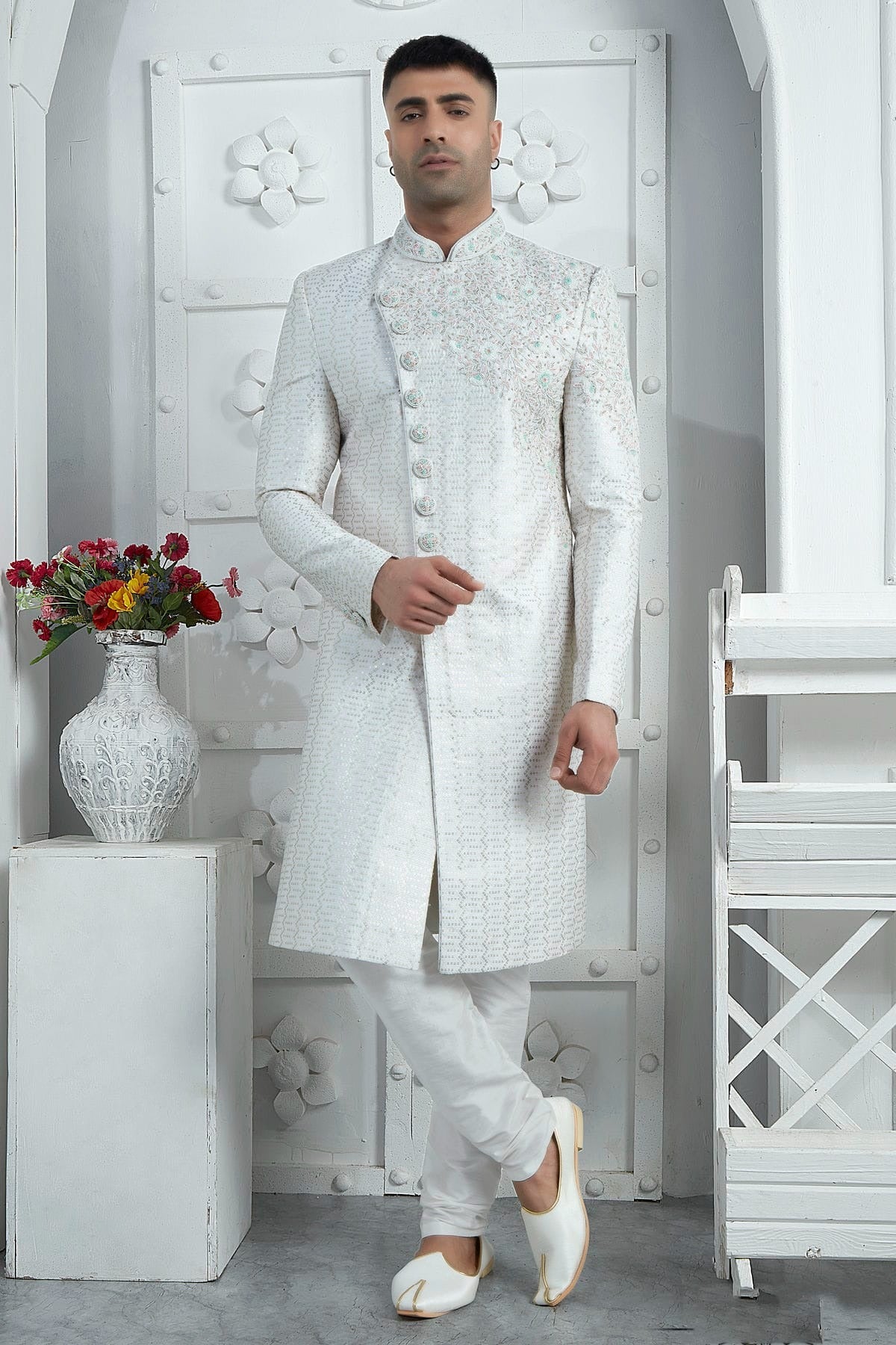 Off White Art Silk Sherwan With Churidar Pant NCSH12310302