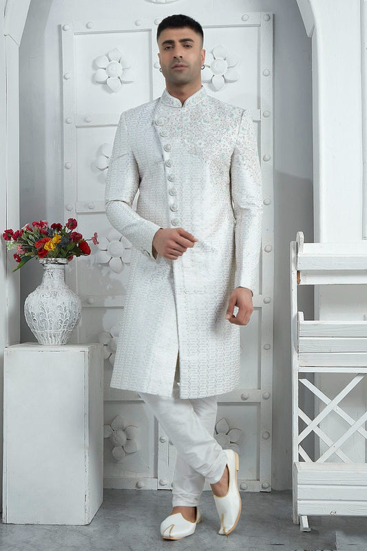Off White Art Silk Sherwan With Churidar Pant  NCSH12310302