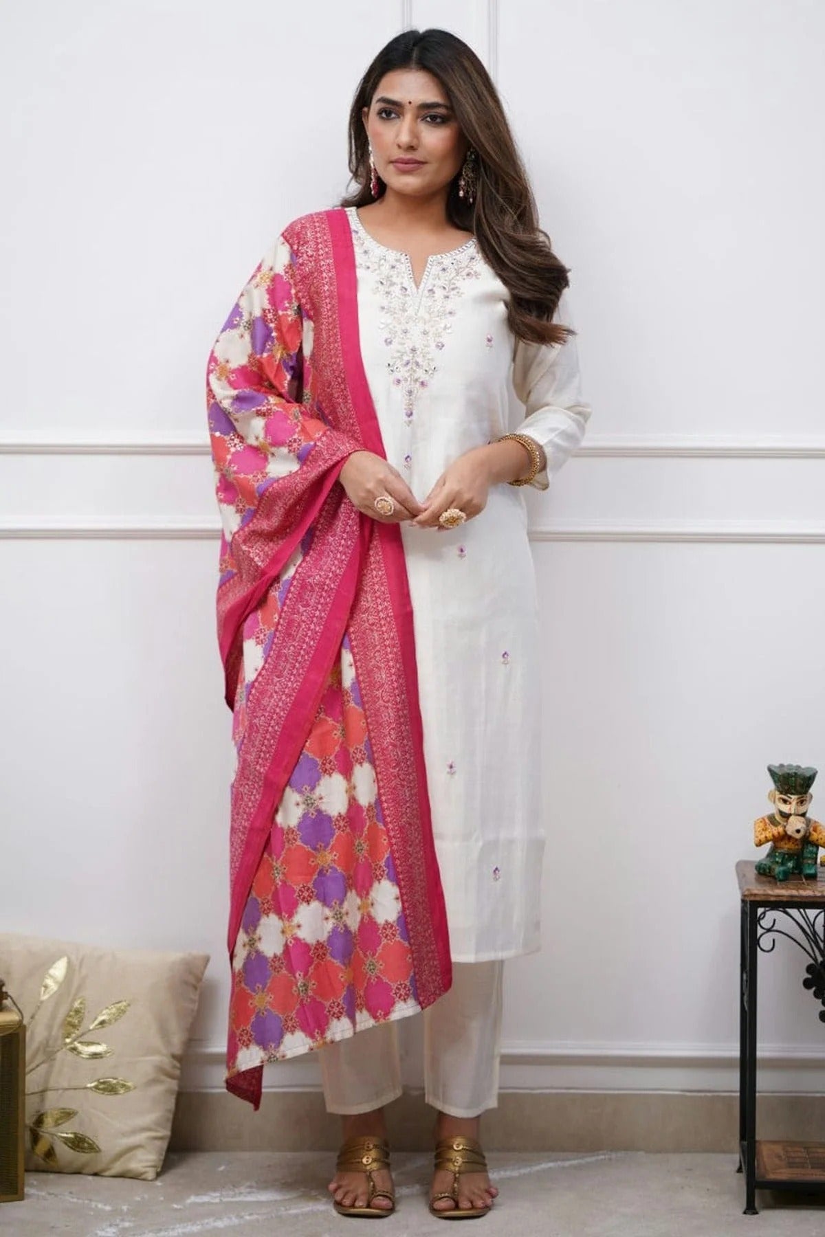 Off White Embroidery Chanderi Viscose Stitched Suit NCSS11111278