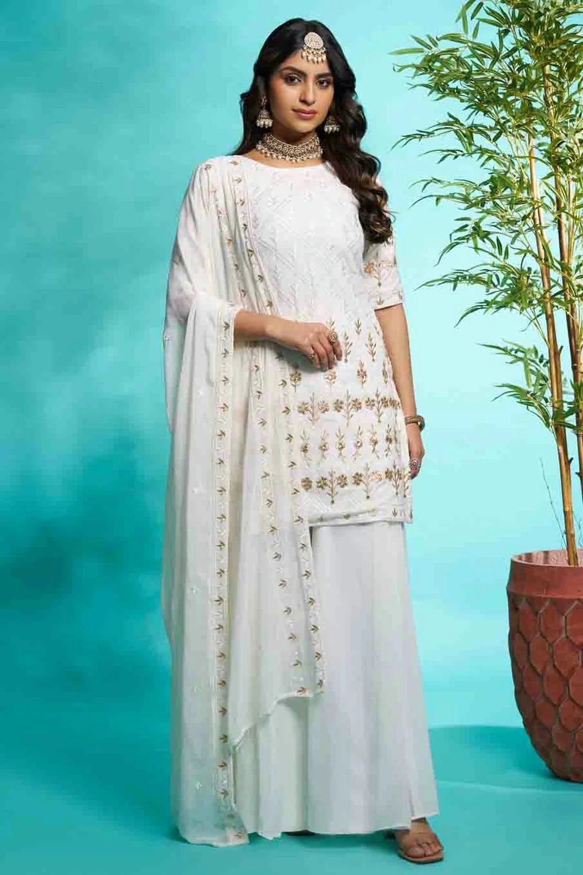 Off White Faux Georgette Stitched Suit NCSS11110918