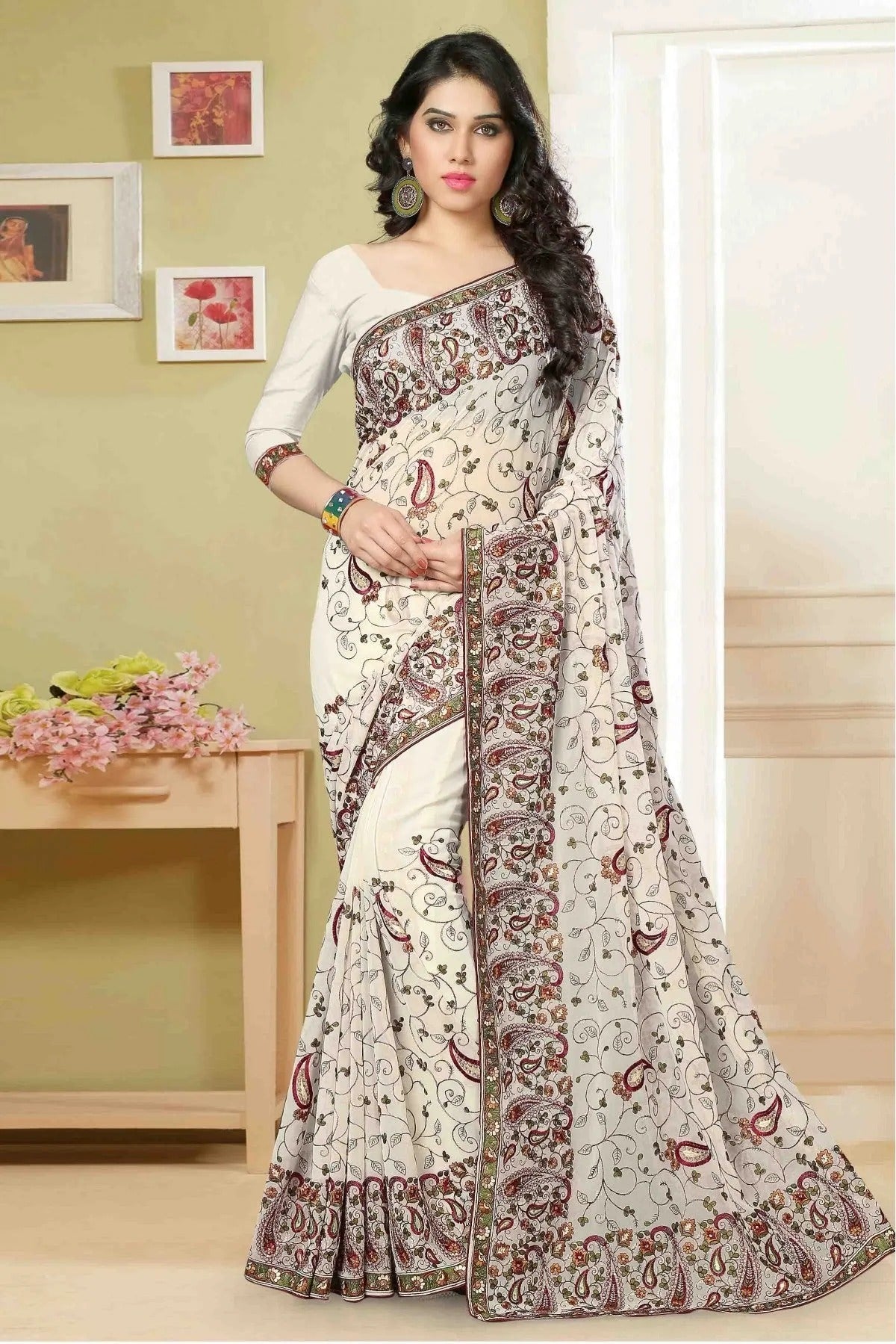 Off White Georgette Embroidery Saree NCSD11210504