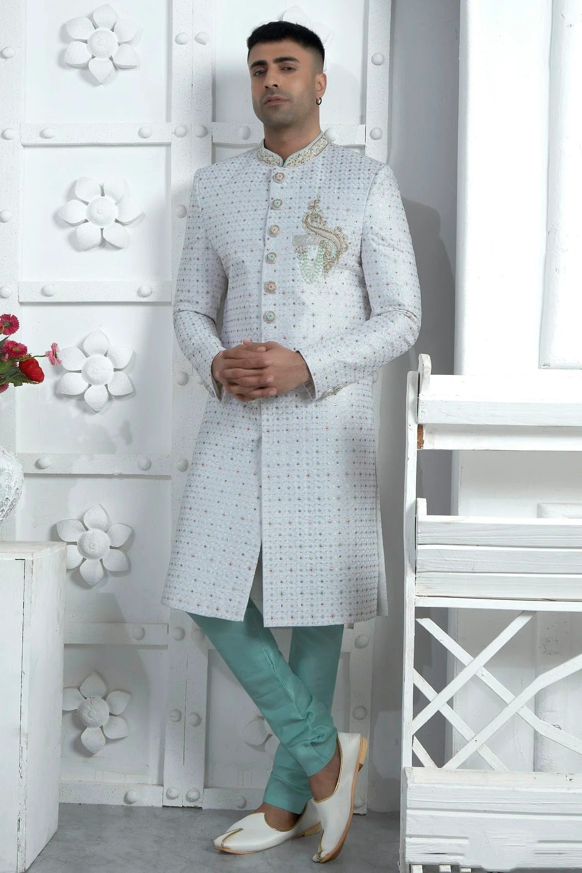 Off White Georgette Sherwan With Churidar Pant NCSH12310300