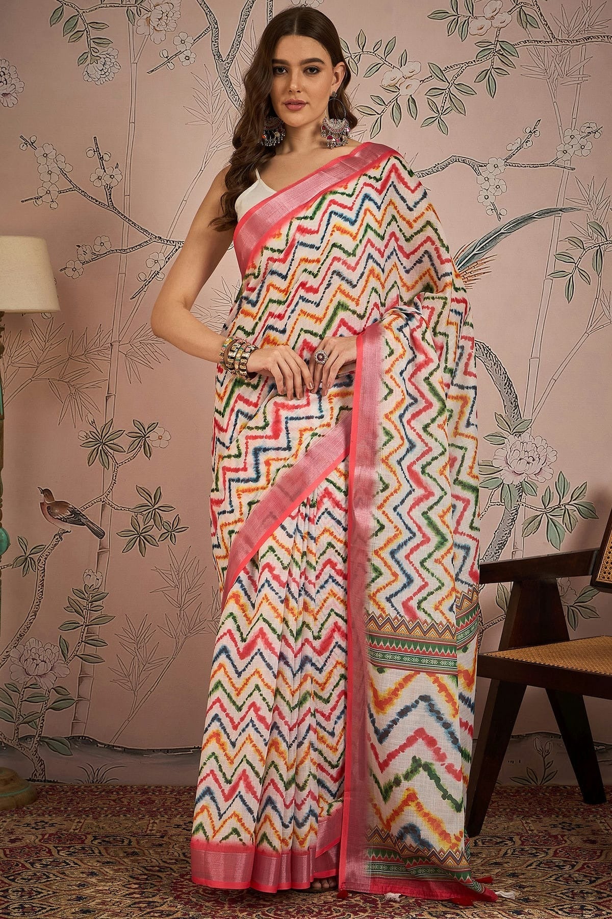 Off White Linen Blend Printed Saree NCSD11111831