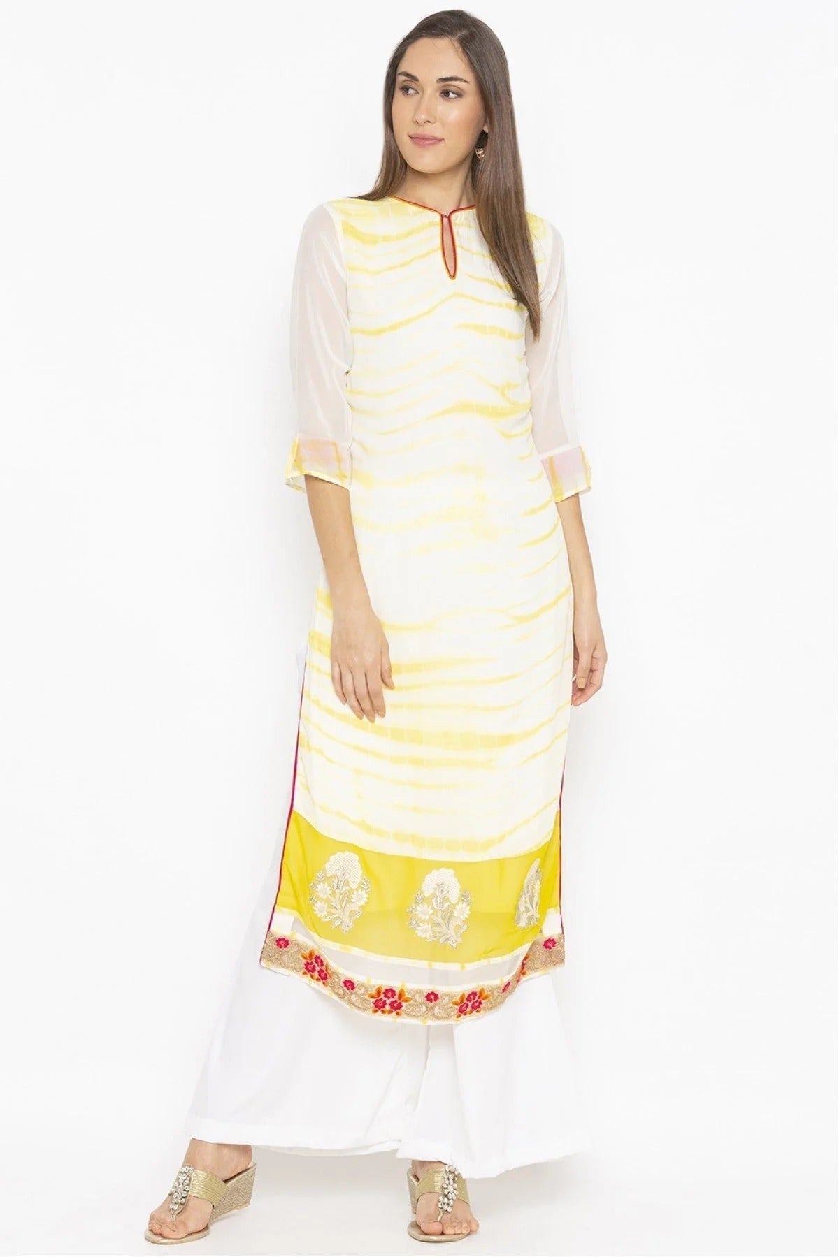 Off White Plus Size Georgette Embroidery Kurta Set NCKR10710224