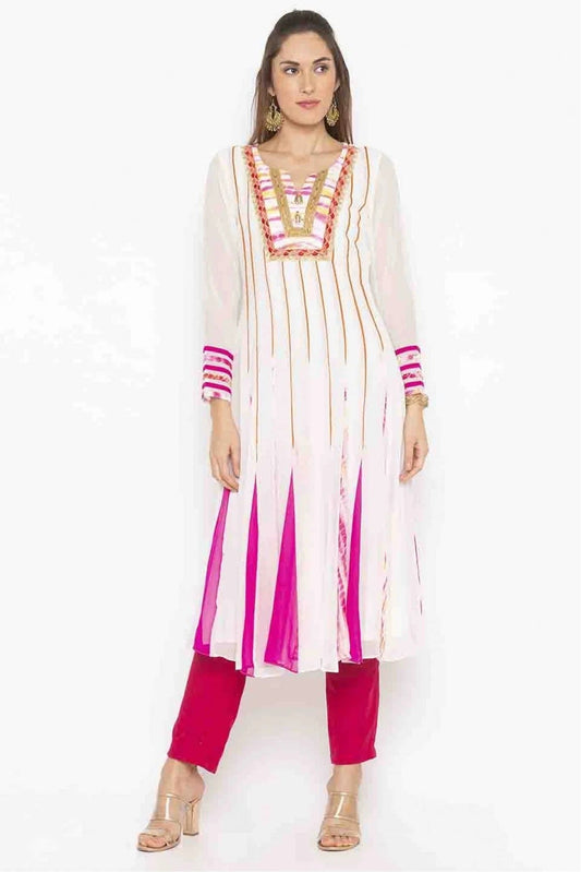 Off White Plus Size Georgette Embroidery Kurti NCKR10710104