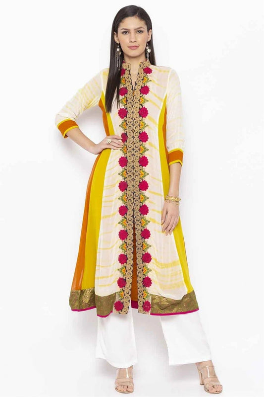 Off White Plus Size Georgette Embroidery Kurti NCKR10710112