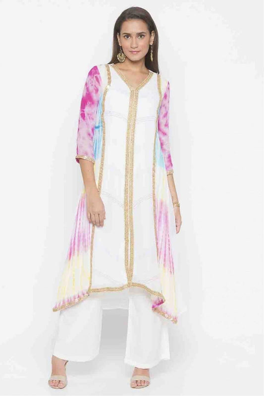 Off White Plus Size Georgette Lace Kurti NCKR10710105