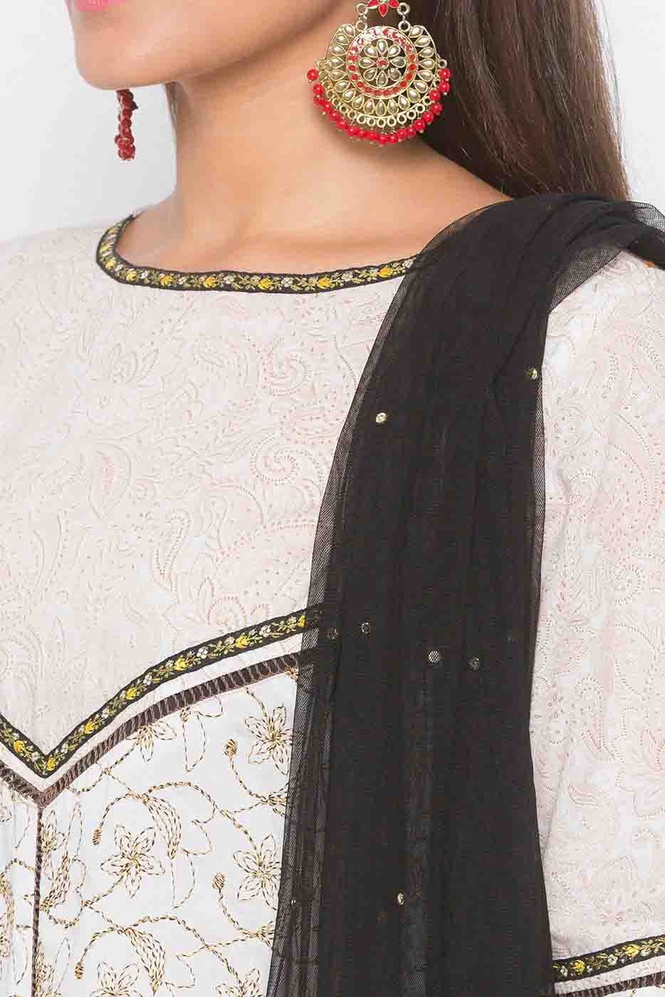 Off White Plus Size Stitched Cotton Embroidery Pant Style Suit NCSS10710576