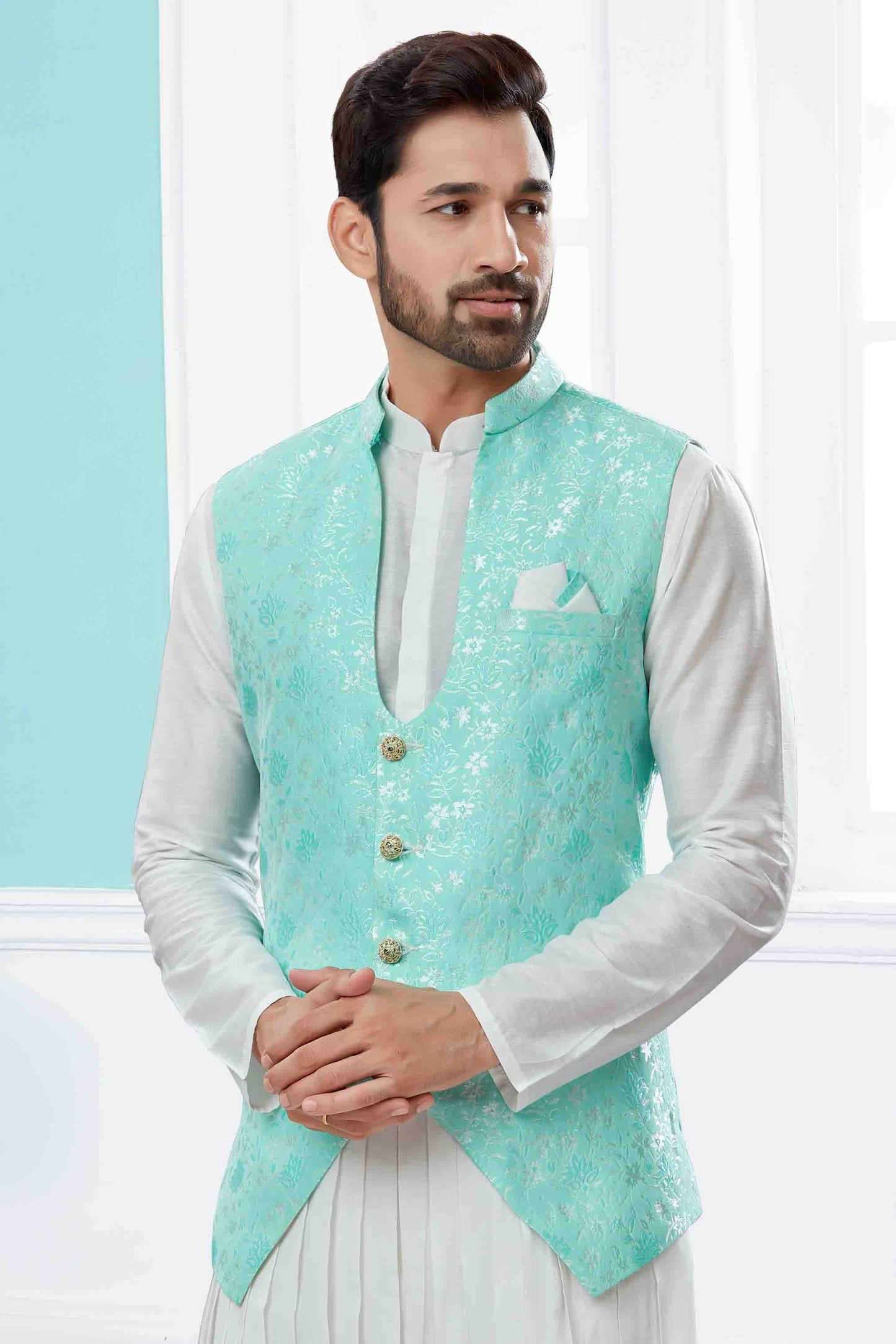 Off White and Green Indo Western In Silk Dupion NCSH10410560