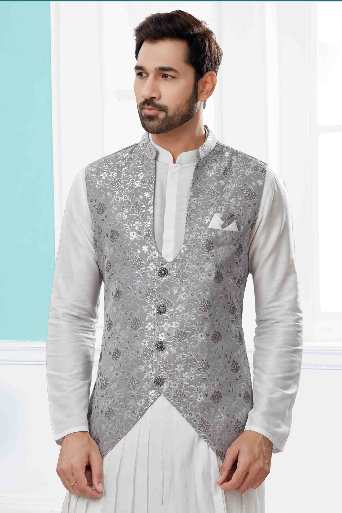 Off White and Grey Indo Western In Silk Dupion NCSH10410558