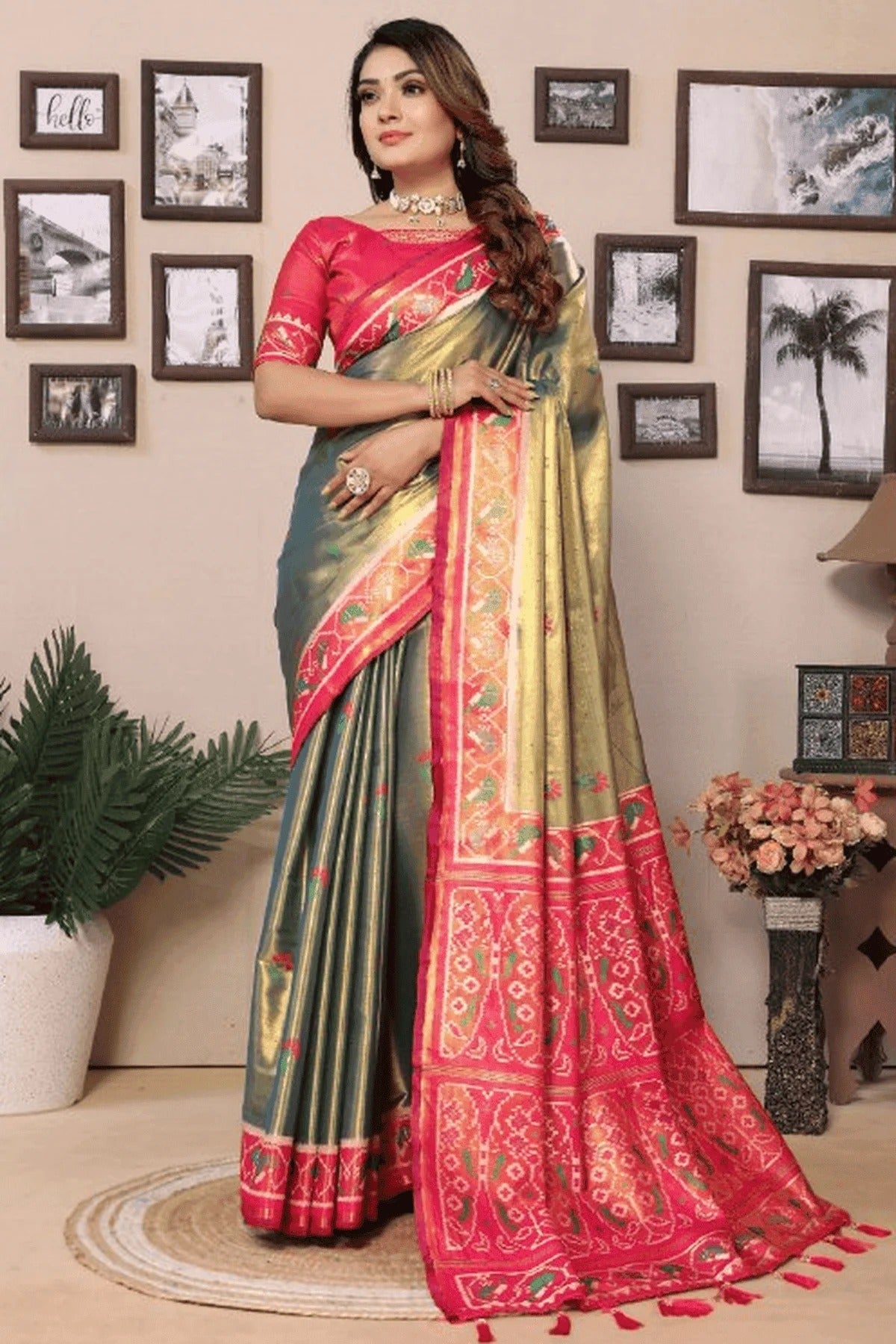 Olive Green Woven Pure Banarasi Tissue Silk Traditional Saree NCSD12510141